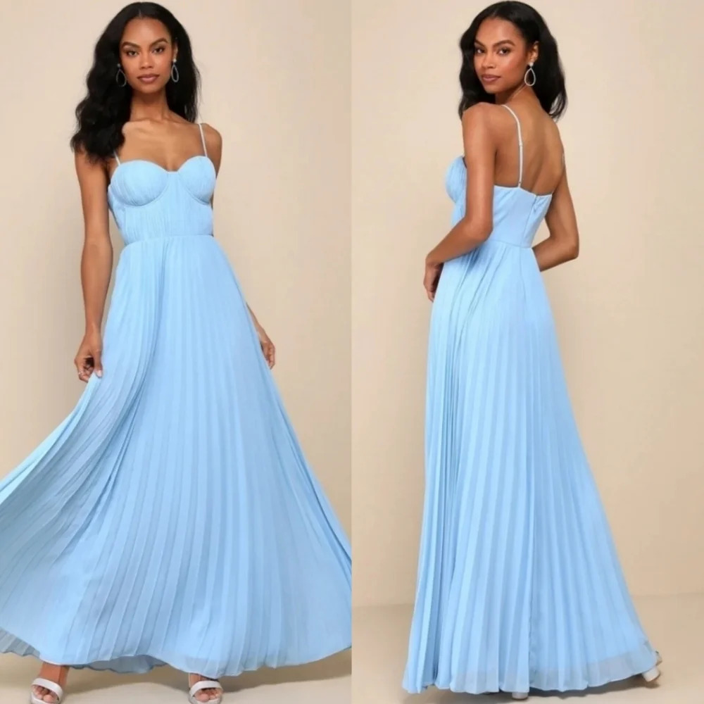 Lulus Admirable Elegance Light Blue Pleated Bustier Maxi Dress Wedding Party